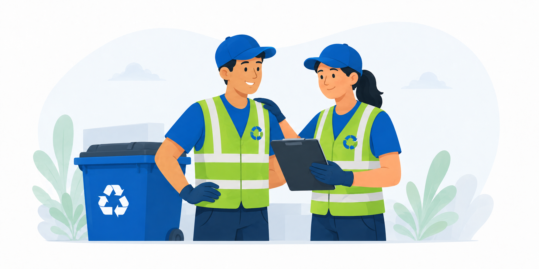Two Workers in Safety Vests Stand Beside a Blue Recycling Bin One Holding a Clipboard As They Discuss Recycling