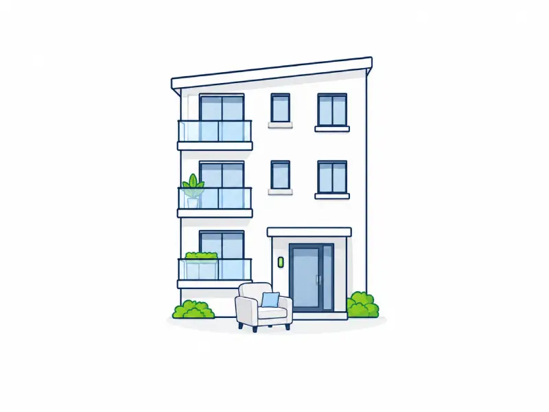 Three Story White Apartment Building with Blue Glass Balconies Plants on the Balconies and a Chair Outside the Entrance