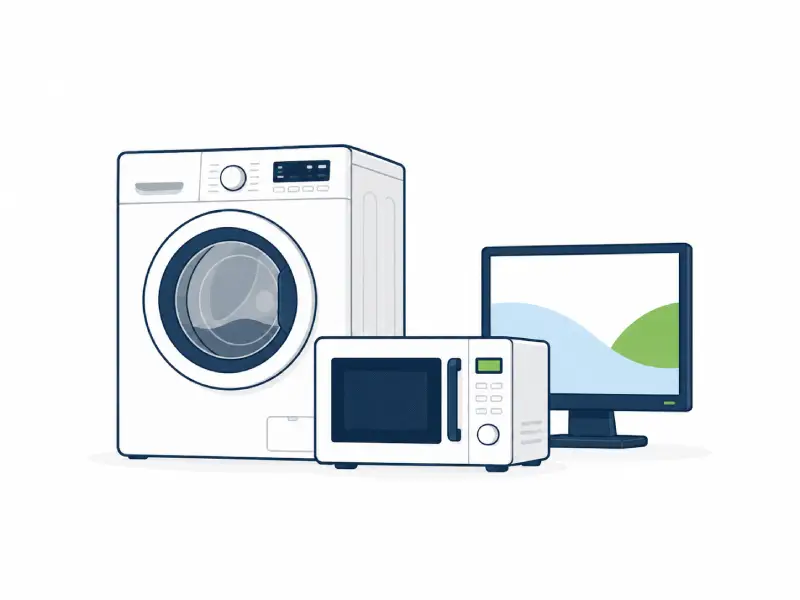 White Front Loading Washing Machine with a Microwave and a Computer Monitor Arranged in a Row for a Home Appliance Setup Illustration