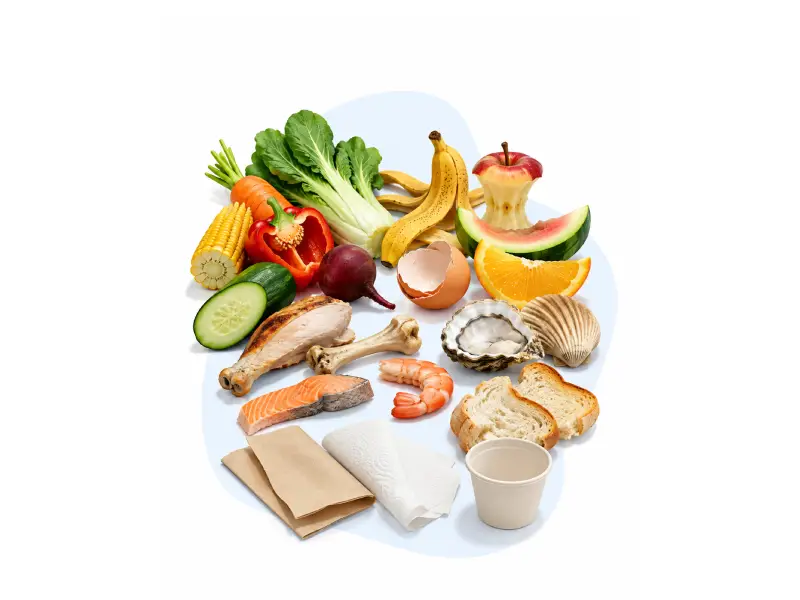 Colorful Assortment of Fresh Produce Seafood Dairy and Bread Laid out As Groceries on a White Background