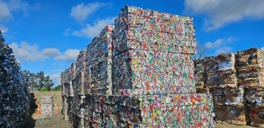 Stacks of Compacted Recyclable Plastic Bottles Tied into Dense Bales Outdoors Under a Bright Blue Sky with Scattered Clouds
