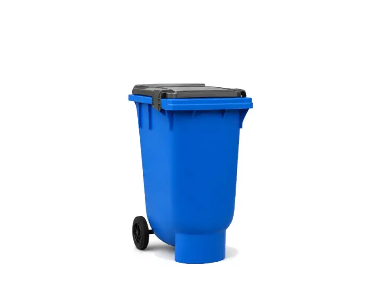 Blue Wheeled Trash Bin with a Black Lid on a White Background