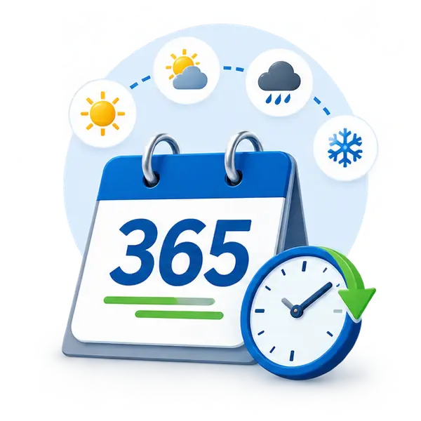 Illustration of a Calendar Showing 365 with a Clock and Weather Icons Above Symbolizing Yearly Scheduling and Forecasts