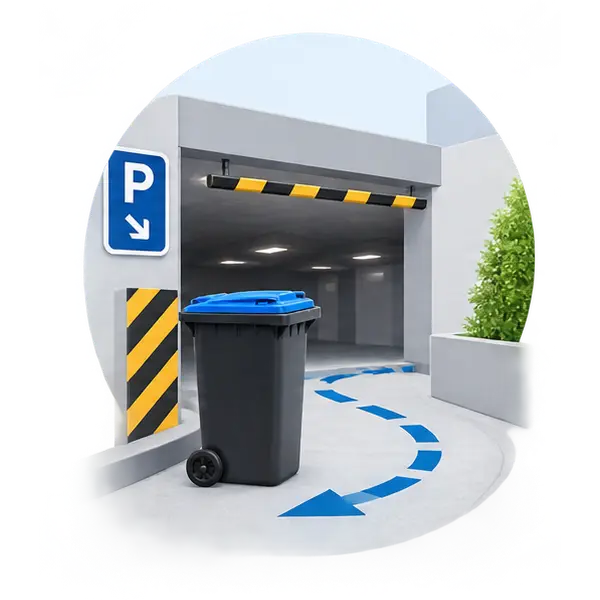 Parking Garage Entrance with a Curved Blue Arrow Path a Blue Lid Recycling Bin and a Black Trash Can Near a Striped Pillar Under a P Sign