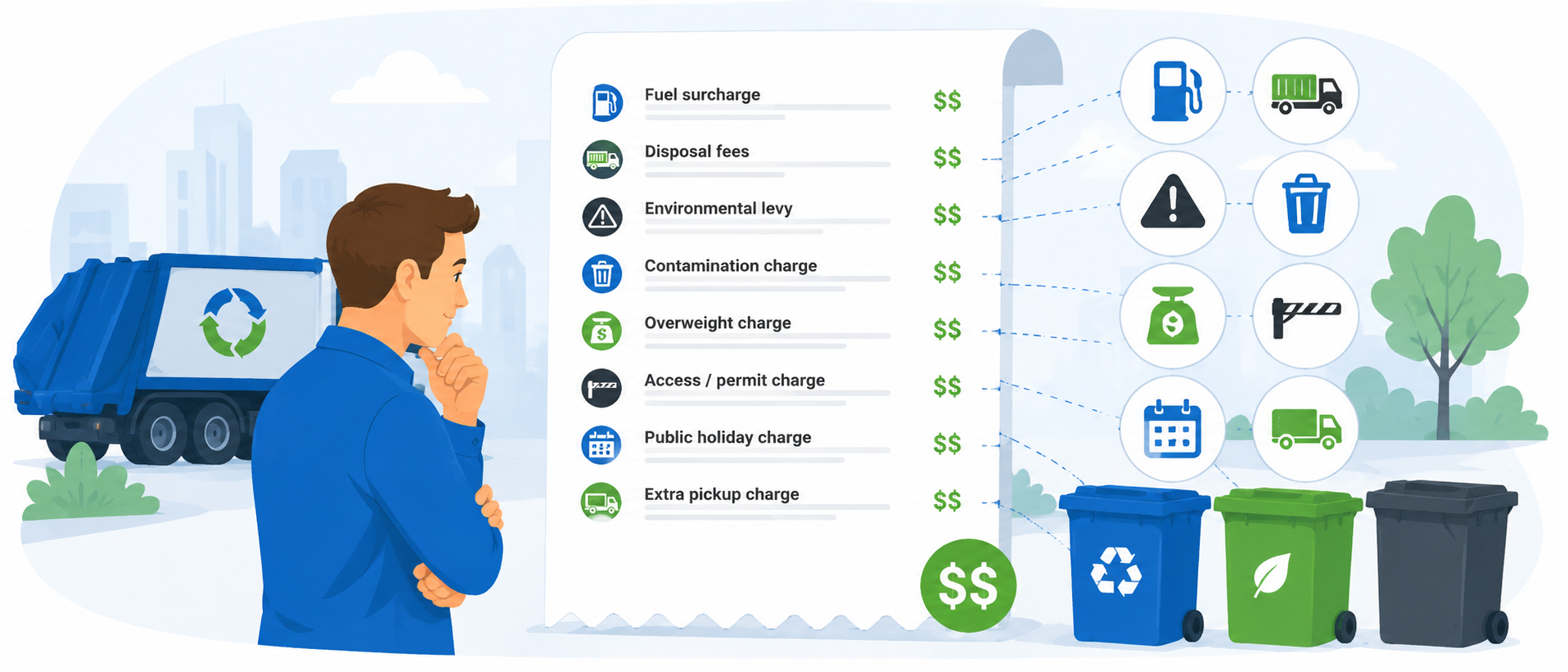 Man in a Blue Jacket Reads a Large List of Waste collection Charges with Icons and Green Dollar Signs Against a City Backdrop