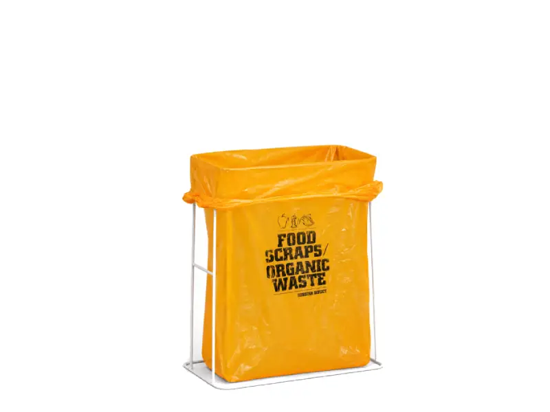 Bright Orange Organic Waste Bin with a Metal Frame and Liner Bag Labeled Food Scraps Organic Waste