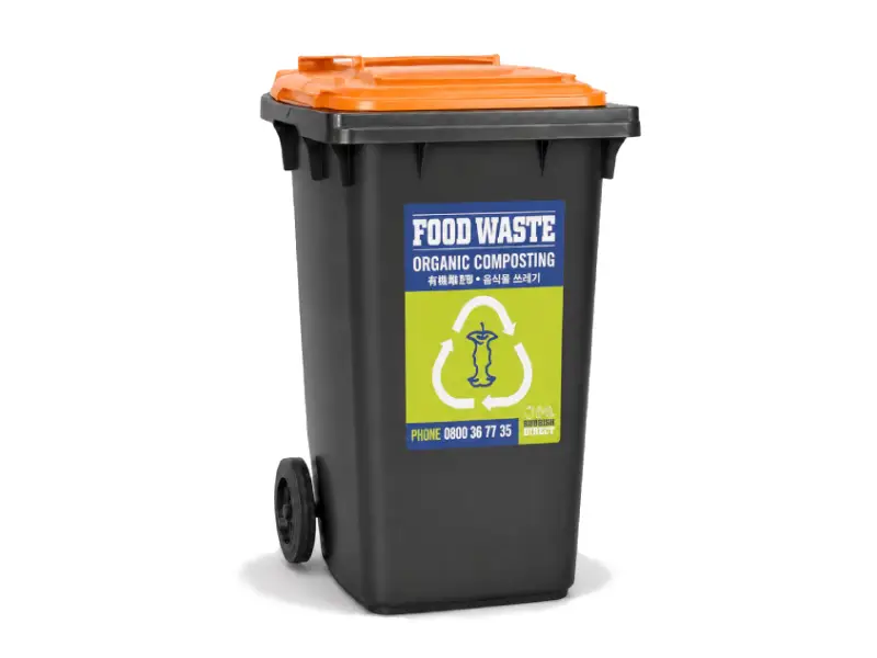 Grey Wheeled Compost Bin with Orange Lid Label Reads Food Waste Organic Composting