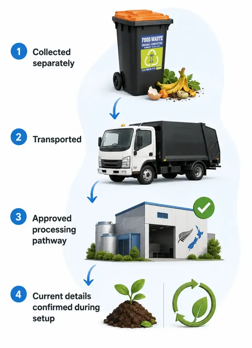 Infographic Showing the Waste Recyclingcomposting Process Collected Separately Transported Approved Processing Pathway and Current Setup Details with a Seedling and Recycling Symbol