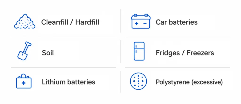 Grid of Six Waste Categories with Blue Icons and Labels Cleanfillhardfill Car Batteries Soil Fridgesfreezers Lithium Batteries Polystyrene Excessive