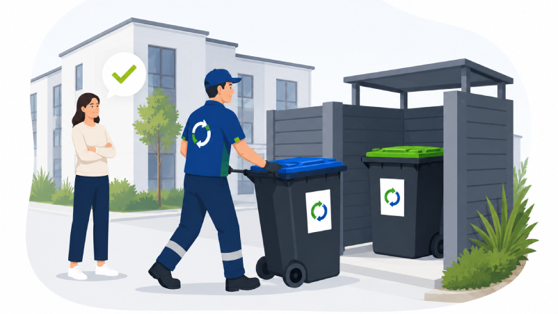 Driver Moving Bins from a Communal Residential Refuse Area