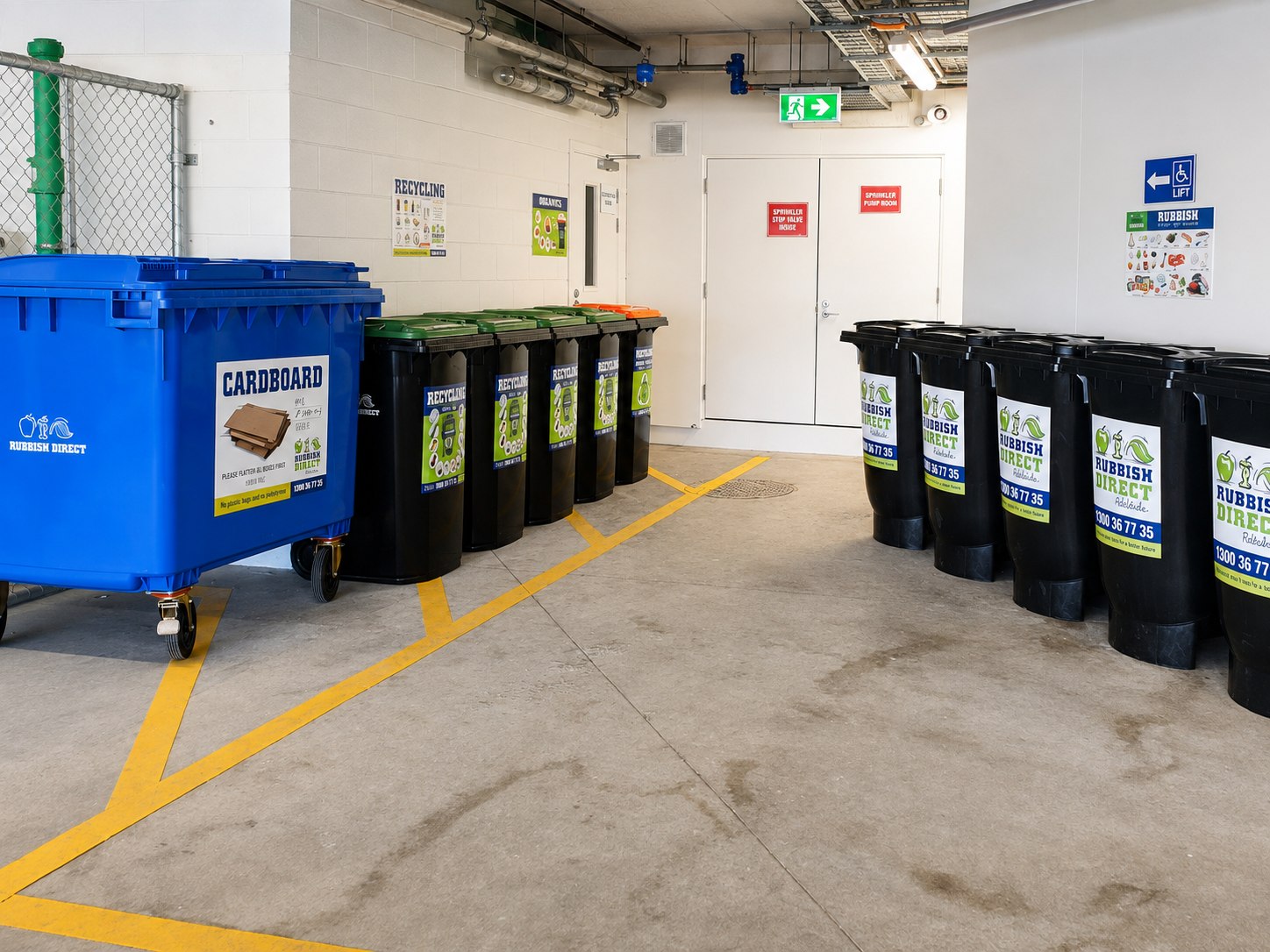 Large Blue Cardboard Recycling Bin on Wheels Beside a Row of Black Waste Bins in a Concrete Room