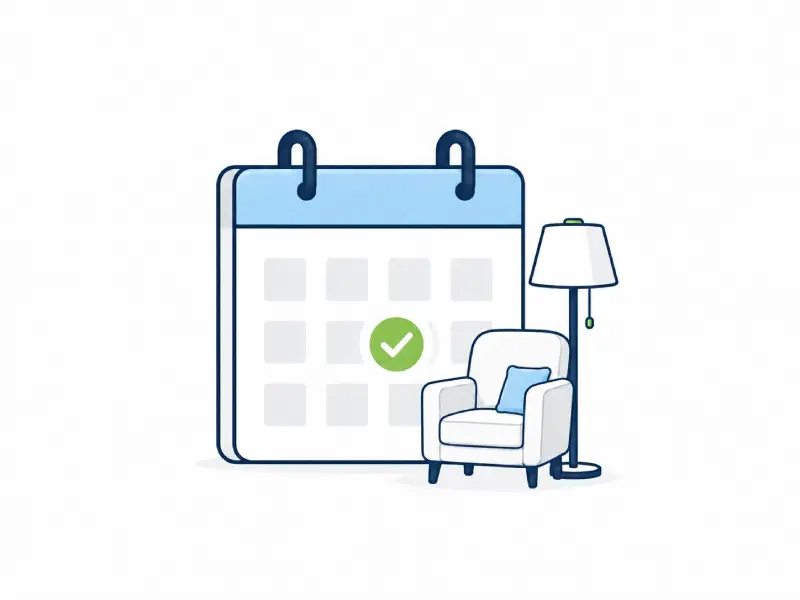 Calendar with a Green Checkmark on a Date Beside a White Armchair and Floor Lamp Suggesting a Booked Appointment or Schedule