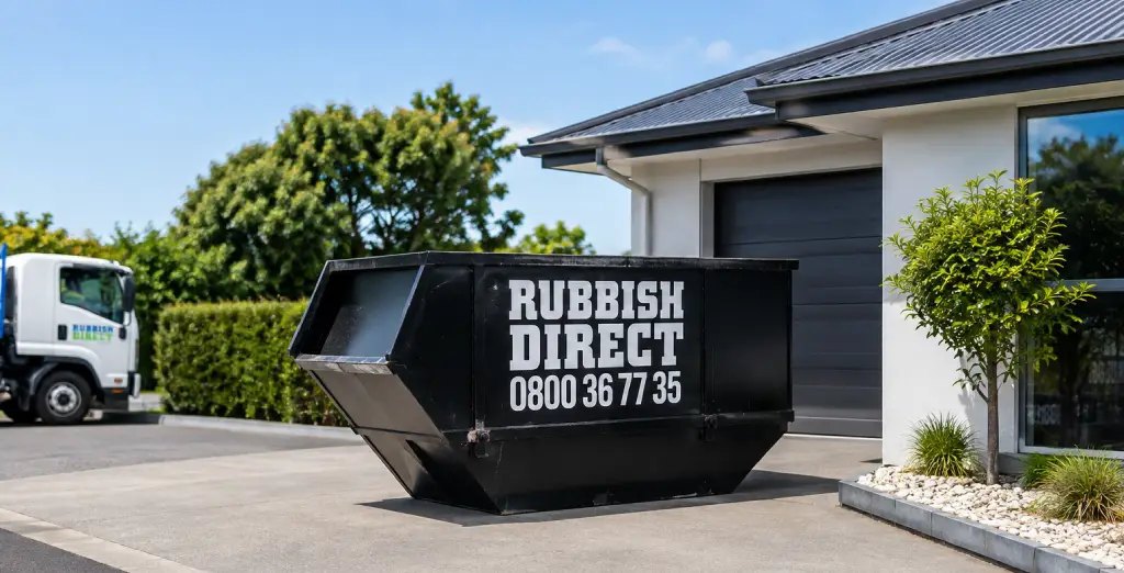 Black Rubbish Skip with the Words Rubbish Direct and a Phone Number Sits on a Driveway Beside a Modern House