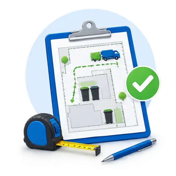 Clipboard with a Site Plan for Waste Management Showing Bins and a Green Truck Plus a Green Checkmark Tape Measure and Pen Nearby