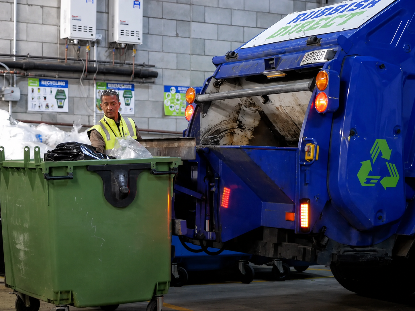 Rubbish Direct Driver Servicing Bins at a Customer Site