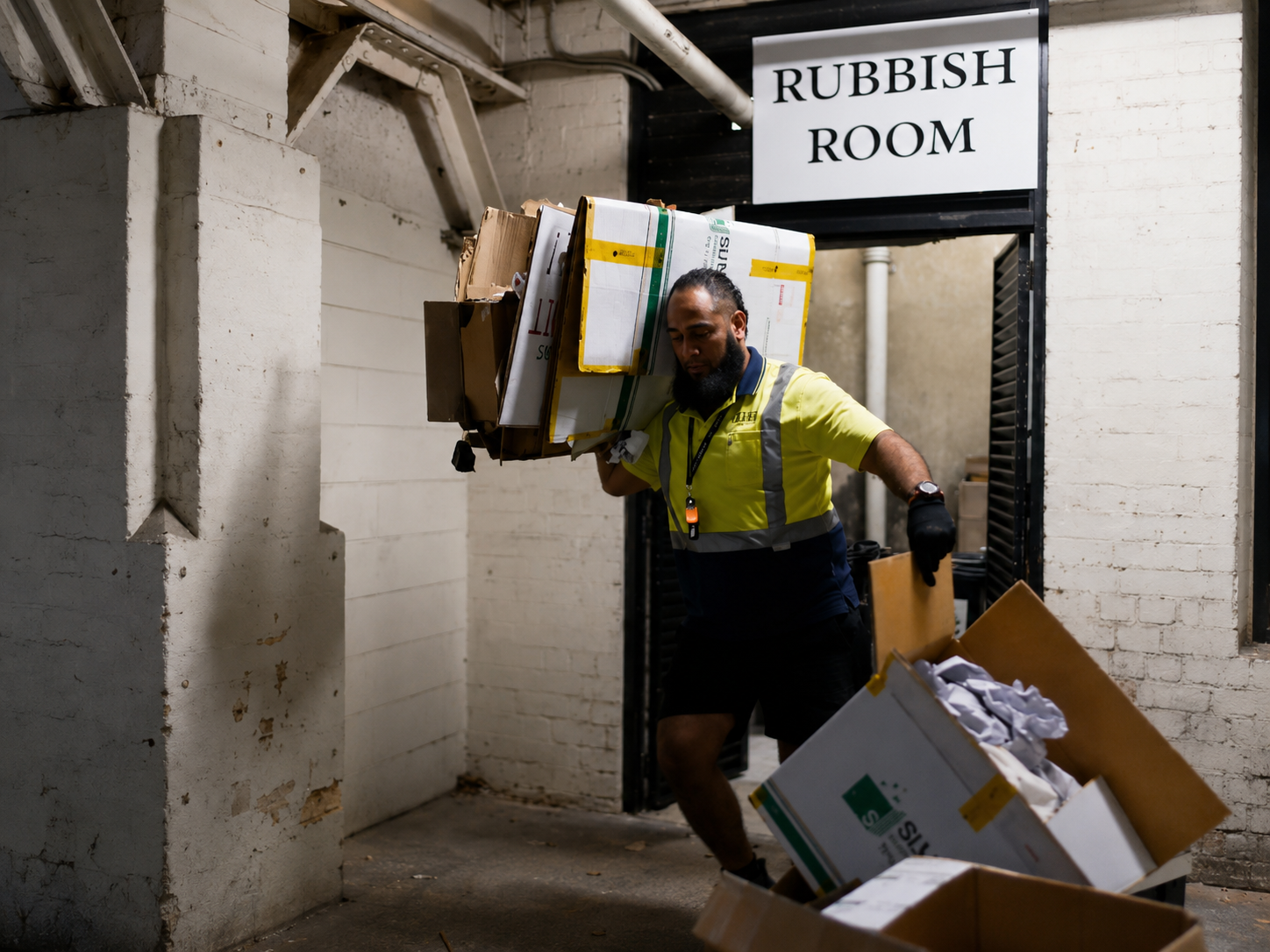 Man in a Yellow Safety Vest Carrying Stacked Cardboard Boxes in a Dim Rubbish Room Under a Sign That Reads aposrubbish Roomapos