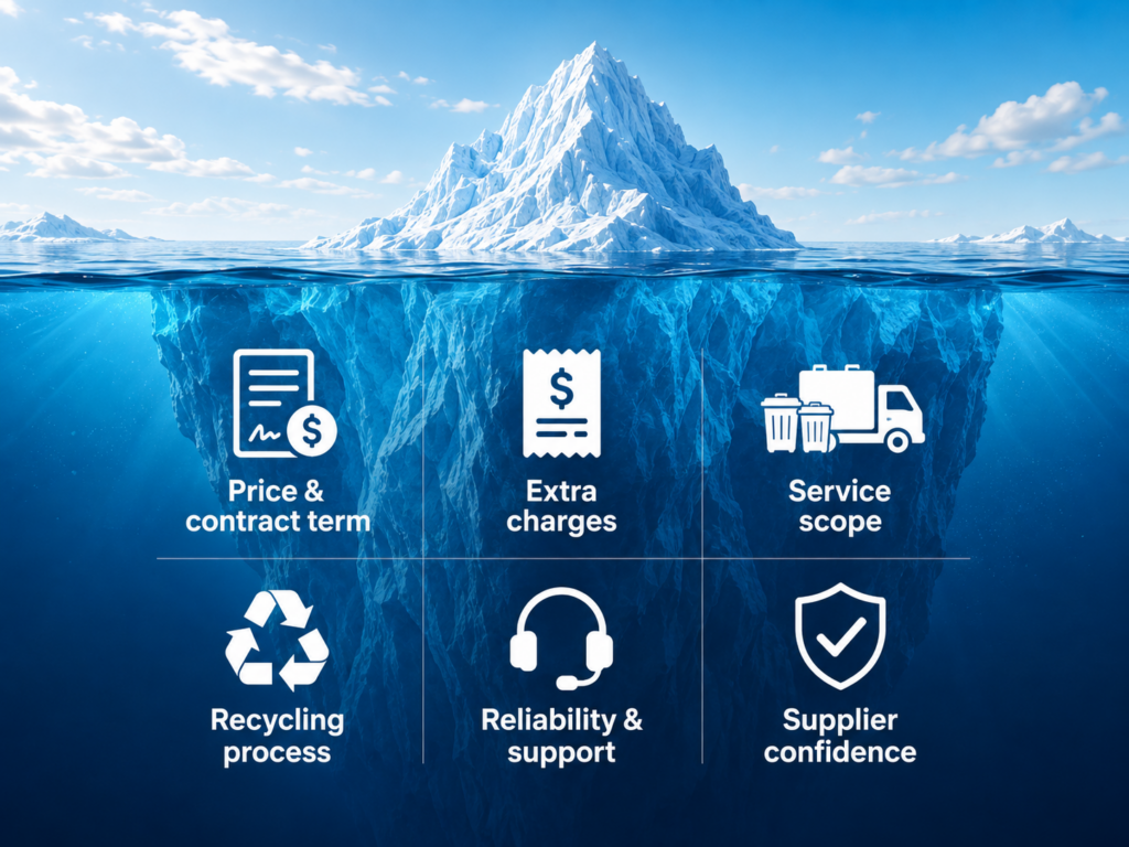 a Large Iceberg with Six White Icons and Labels for Business Costs and Reliability Beneath the Waterline price Contract Term Extra Charges Service Scope Recycling Process Reliability Support Supplier Confidence