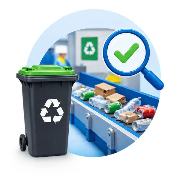 Recycling Bin Near a Conveyor Belt with Crushed Cans and a Magnifying Glass Showing a Green Check Mark Symbolizing Proper Waste Sorting