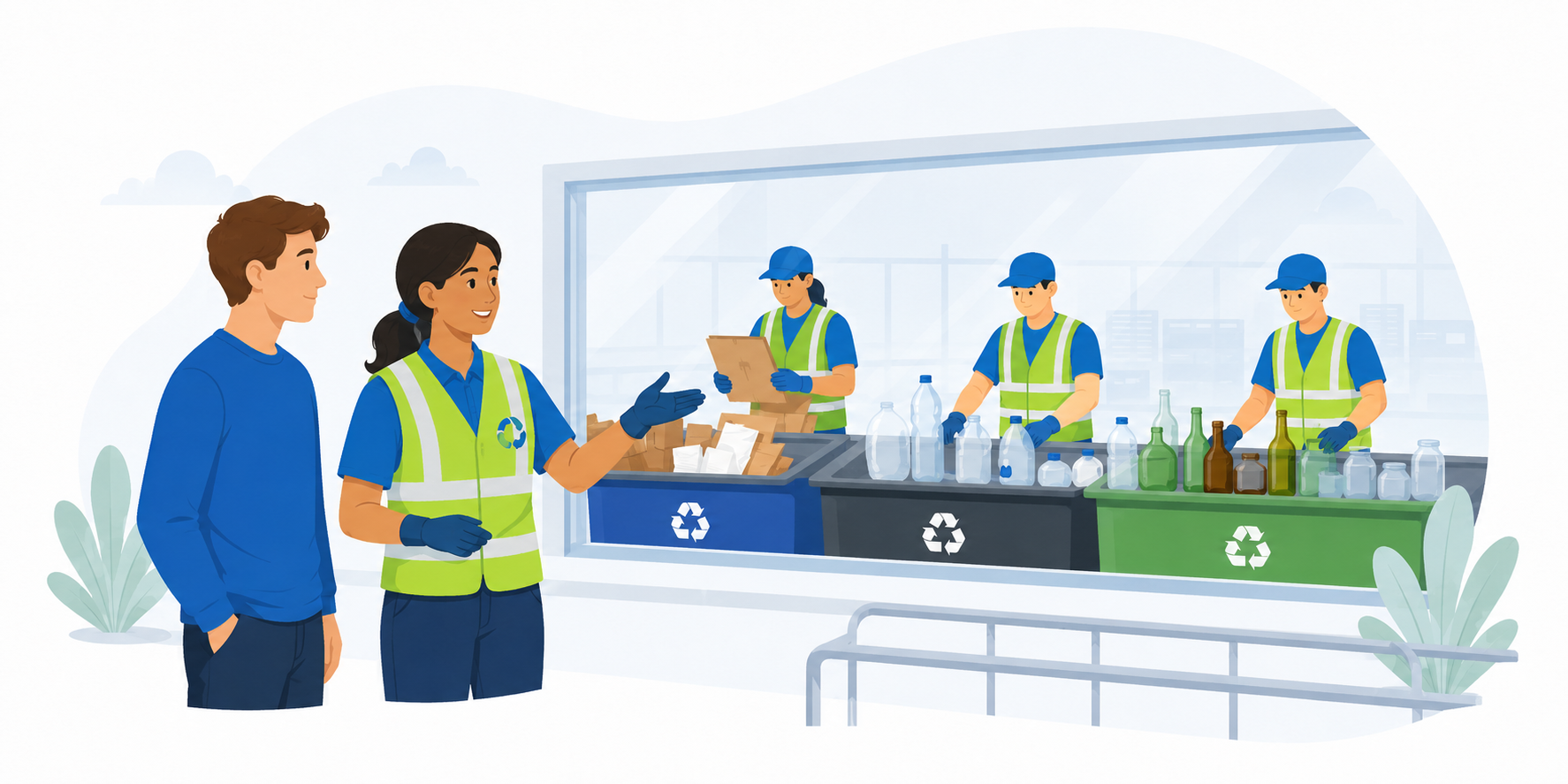 Workers in Safety Vests Sort Recyclable Materials into Colored Bins at a Recycling Facility Outside a Windowed Sorting Line