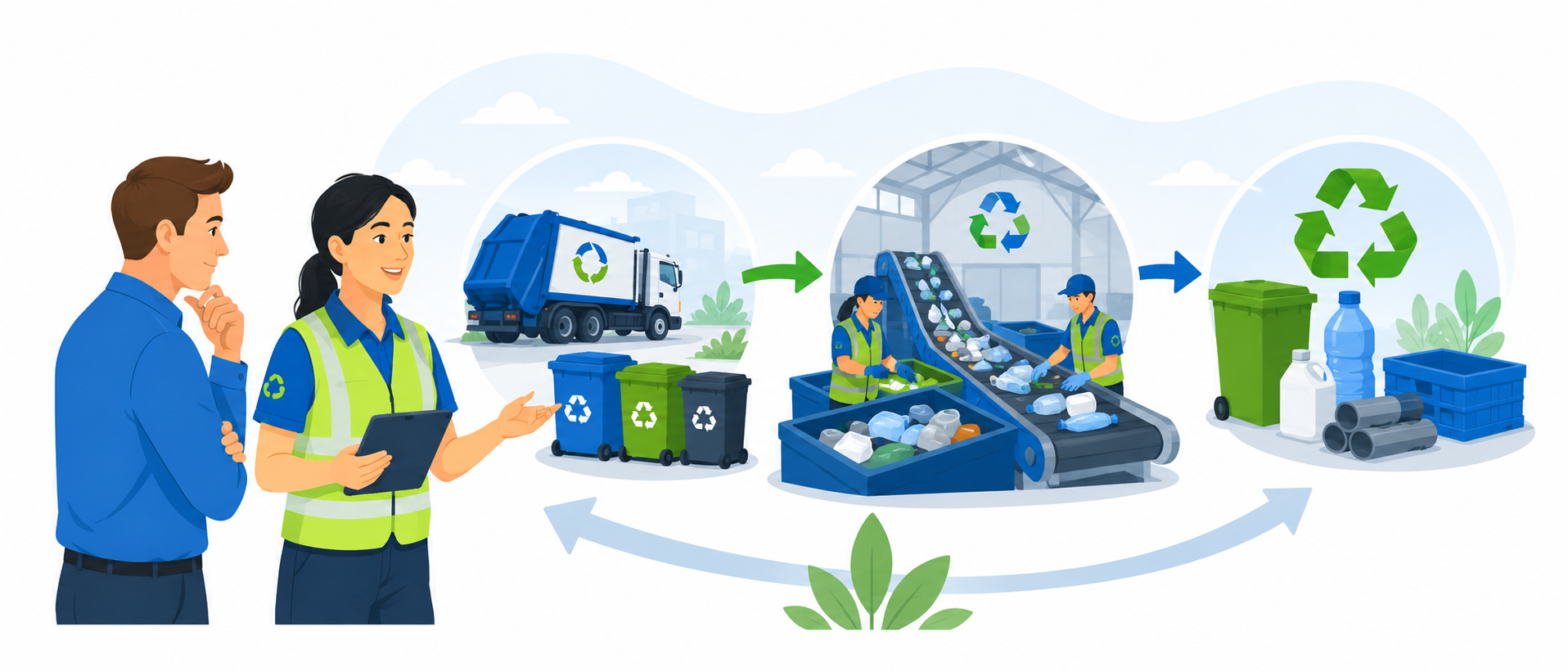 Two Waste management Workers Discuss the Recycling Process As a Blue Truck Delivers Recyclables to a Sorting Line