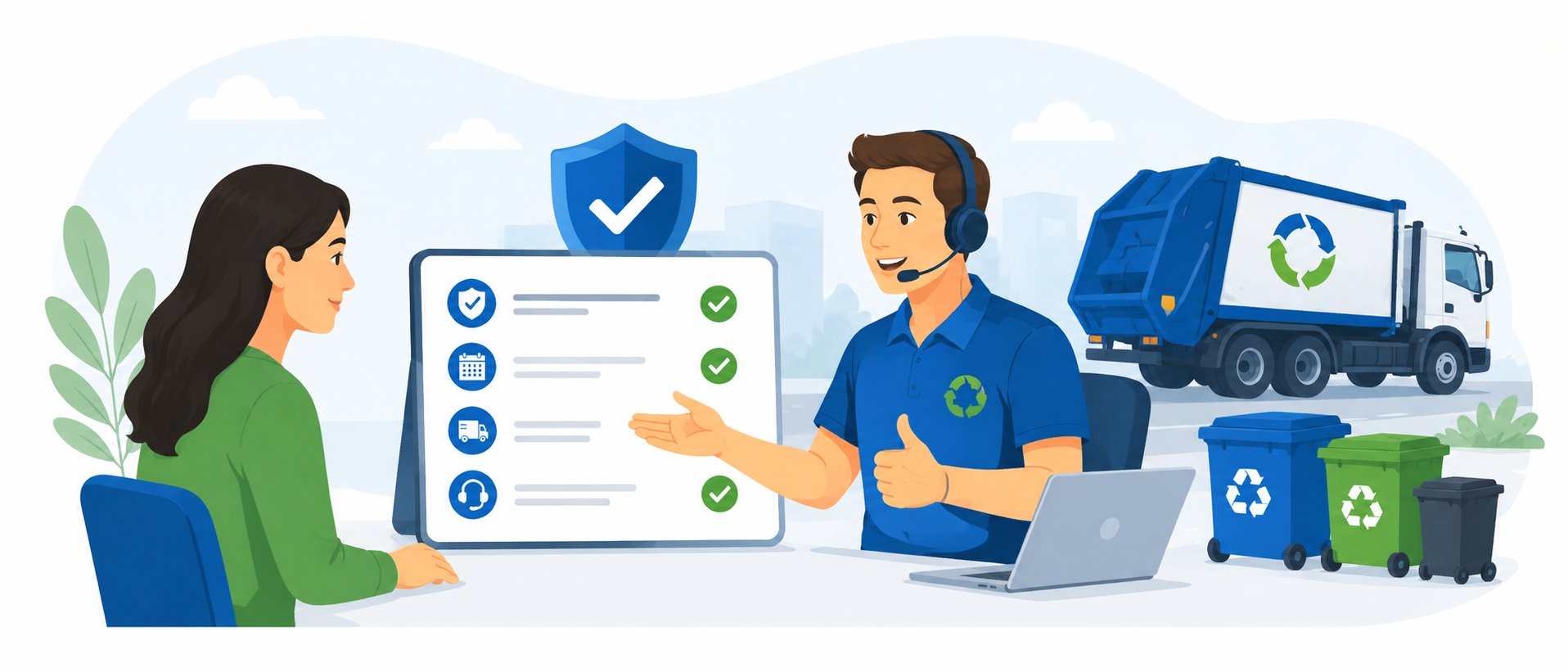 Customer Service Rep with Headset Explains a Recycling Services Checklist to a Client with a Shield Icon and Green Checkmarks Nearby