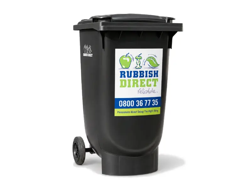 Black Wheeled Rubbish Bin with a aposrubbish Directapos Label on the Front