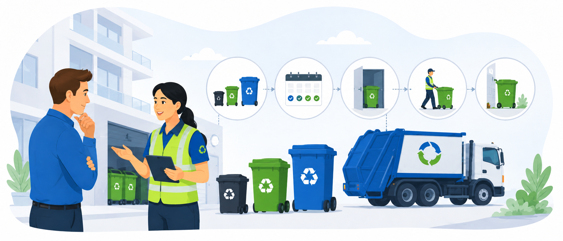 Two Workers in Reflective Vests Discuss Recycling a Sequence of Circular Icons Shows Bins a Calendar a Worker Moving a Bin and a Recycling Truck Behind Them