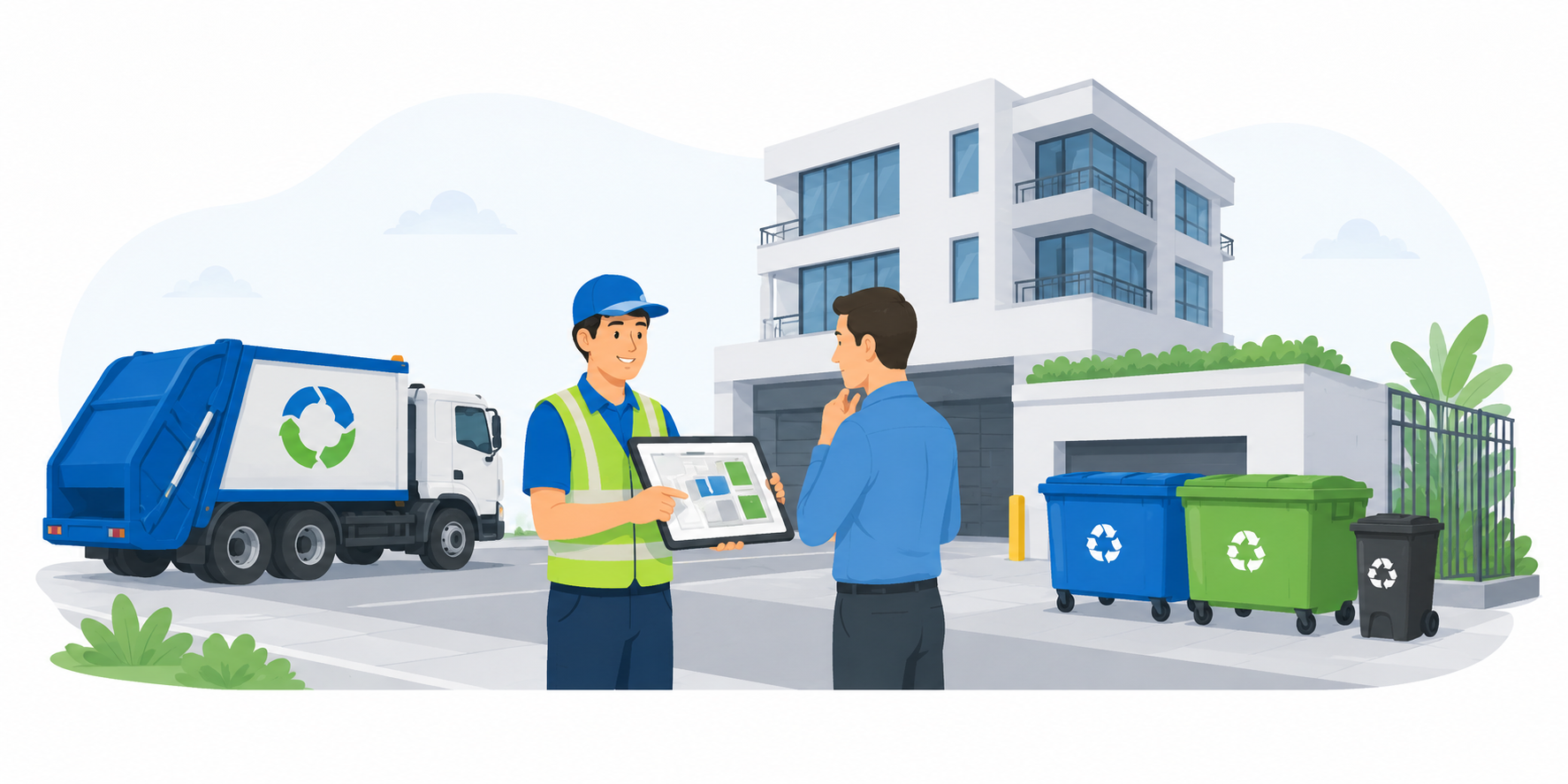 Two Workers Discuss a Recycling Plan in Front of a Modern House with a Blue Garbage Truck and Recycling Bins Nearby
