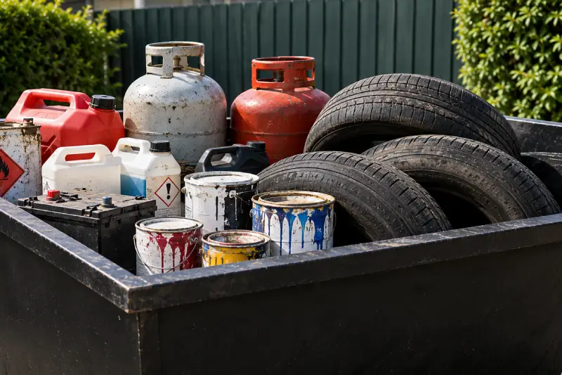 Open Dumpster Containing Old Paint Cans Oil Containers and Several Car Tires Stacked Inside the Bin Outdoor Storage