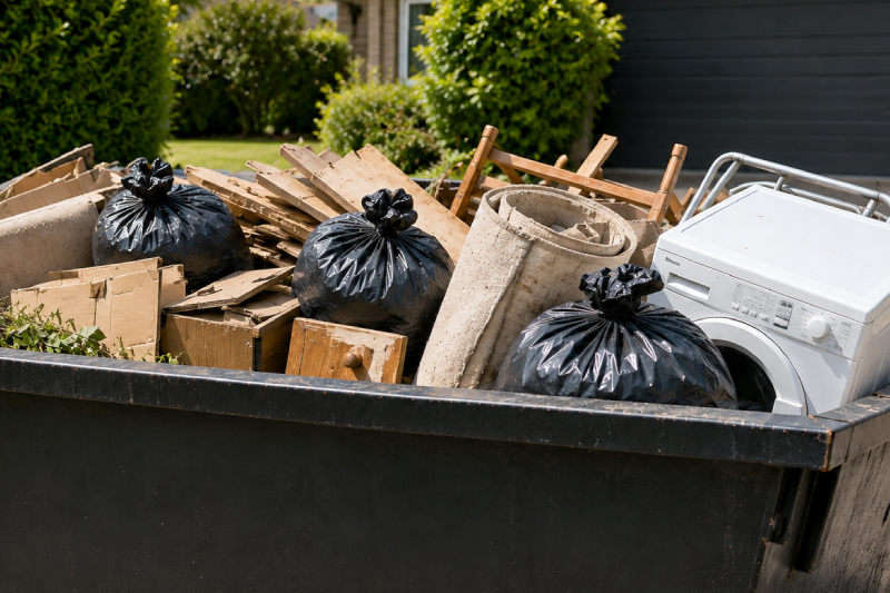 Dumpster Full of Trash in a Suburban Yard Black Tied Garbage Bags Wood Scrap Cardboard Concrete Cylinder and a White Washing Machine Sticking out of the Pile