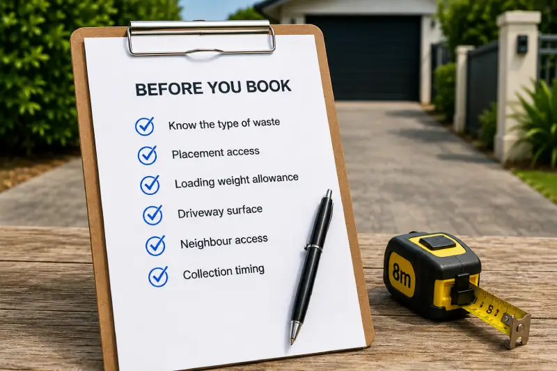 Clipboard Shows a Before You Book Checklist with Blue Check Marks for Waste Type Placement Access Loading Weight Driveway Surface Neighbour Access and Collection Timing Pen and an 8m Tape Measure Nearby Outdoors