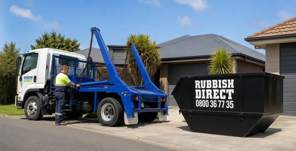 Rubbish Collection Truck with a Blue Hydraulic Arm Lifting a Large Black Dumpster in a Suburban Driveway