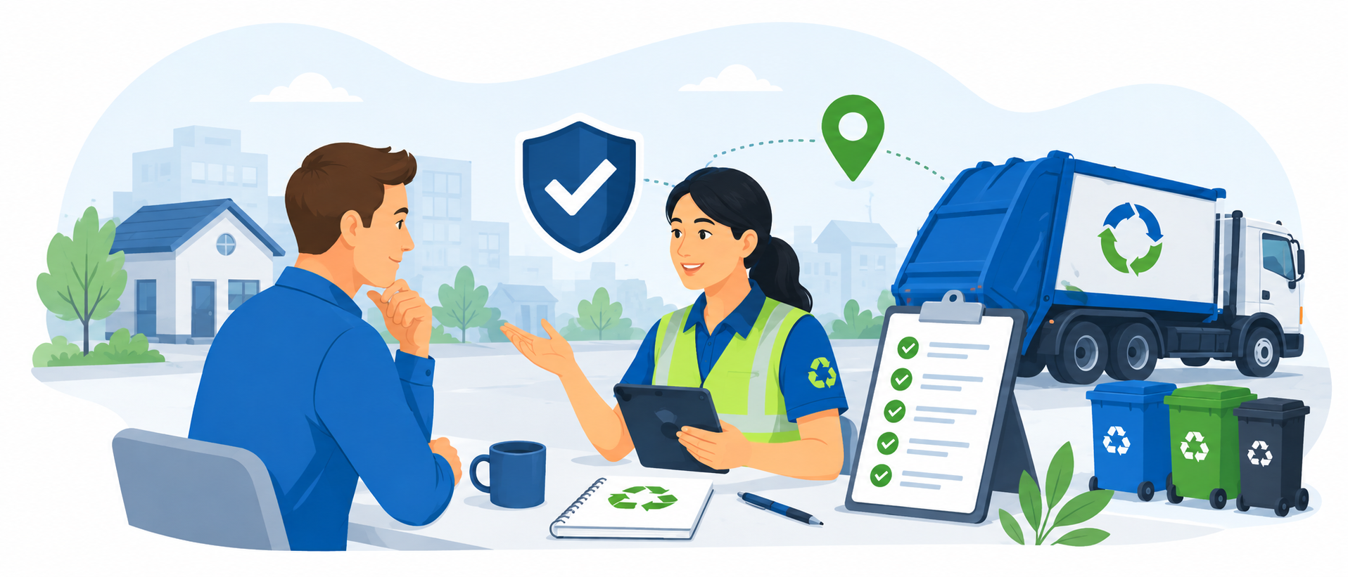 Two Professionals Discuss a Recycling Plan Outdoors with a Blue Recycling Truck Clipboard and Green Bins Nearby