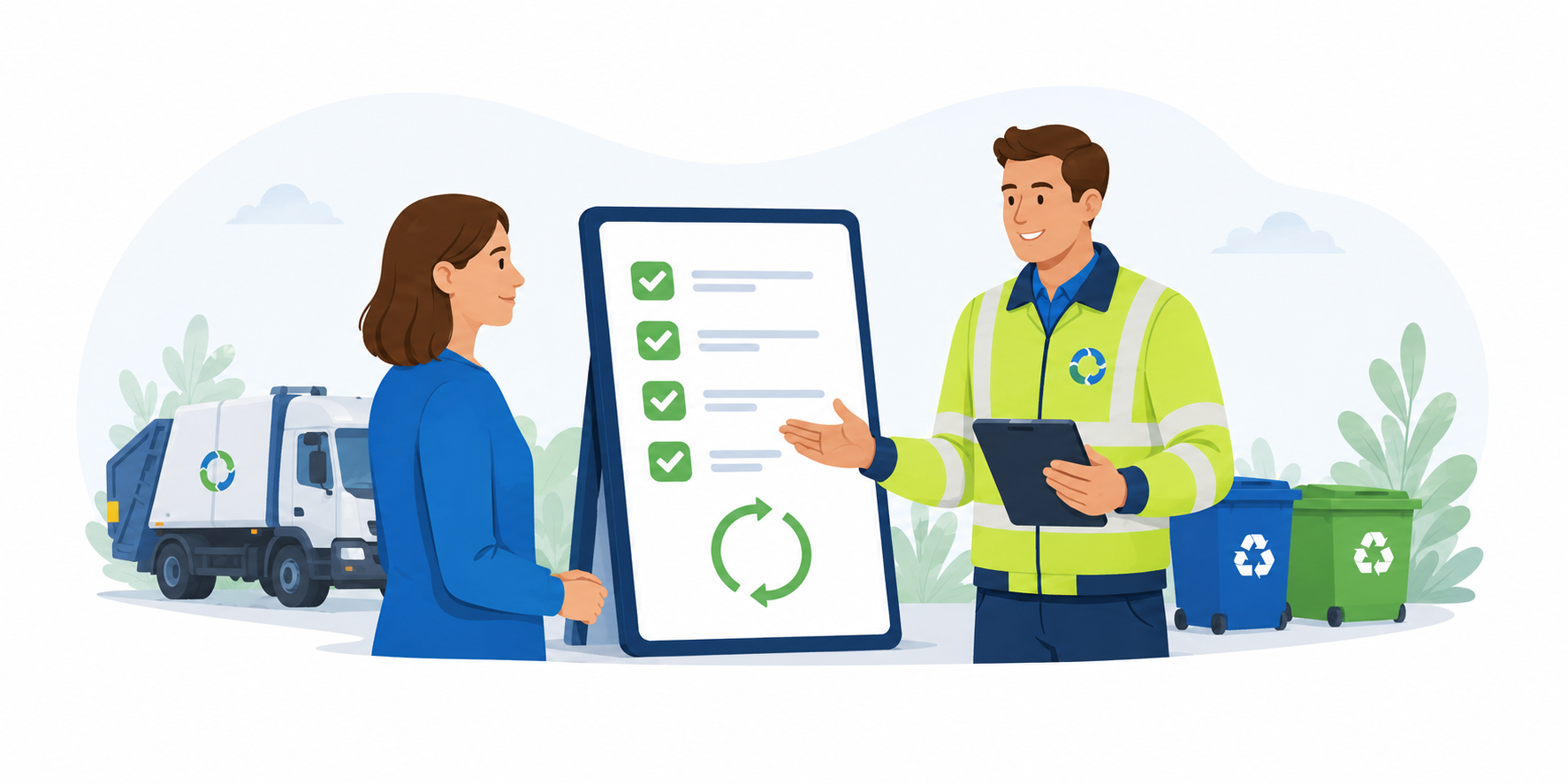 Woman and a Worker in a Highvisibility Vest Review a Large Outdoor Checklist Beside Recycling Bins and a Waste Truck in the Background