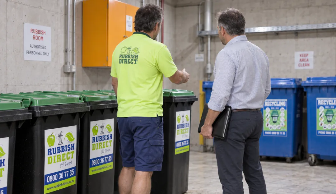 Two Men Discuss Near a Row of Recycling and Rubbish Bins in a Warehouse One Wears a Neon Green Rubbish Direct Shirt