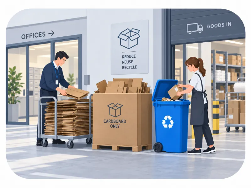 Employees Sort and Dispose Cardboard for Recycling in an Office Loading Area with Bins Labeled aposcardboard Onlyapos and a aposreduce Reuse Recycleapos Sign on the Wall