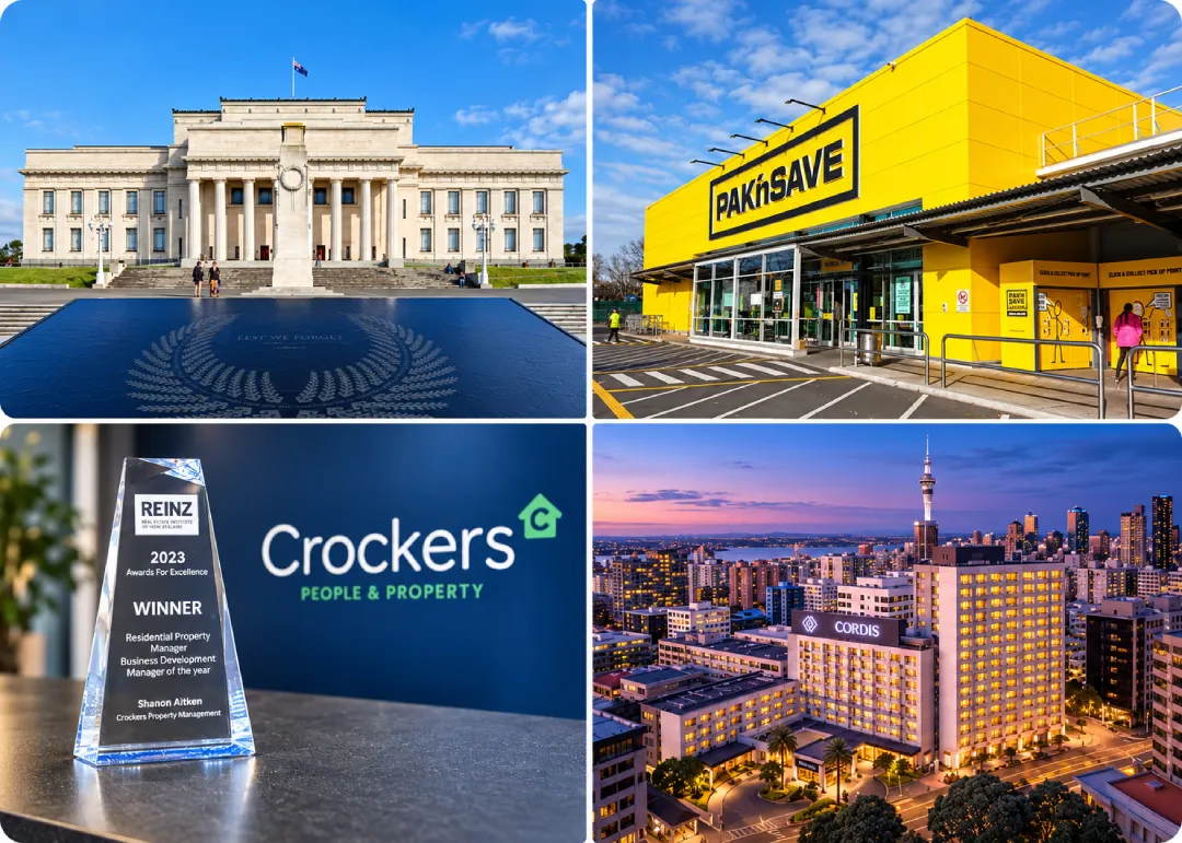 Collage of Four Images a Grand Government Building with a Reflecting Pool a Bright Yellow Paknsave Supermarket a Crockers Property Award Trophy and Aucklands City Skyline with Cordis Hotel at Dusk