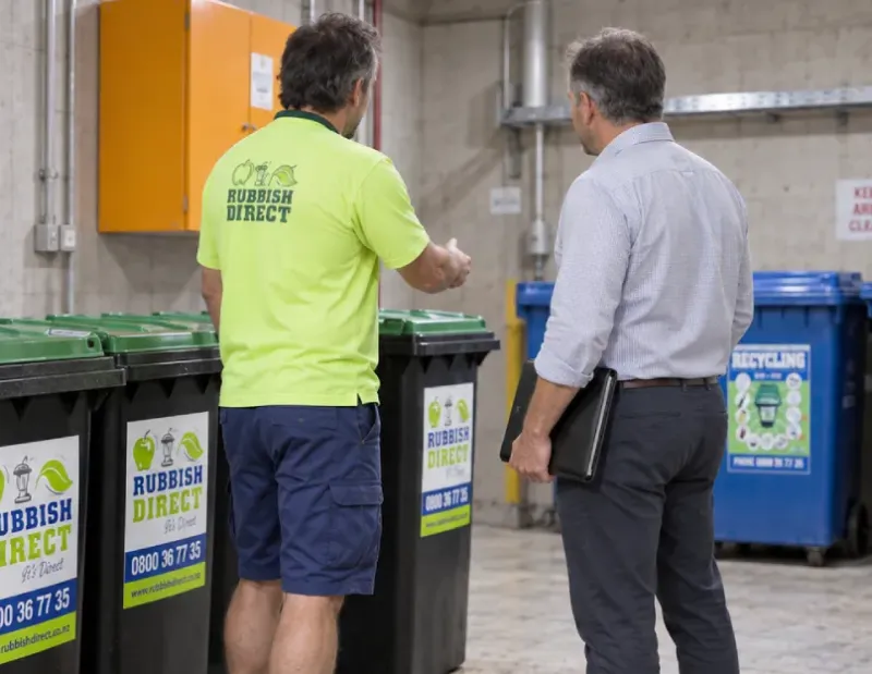 Two Men Talk Beside Recycling Bins in a Warehouse One Wears a Neon Yellow Rubbish Direct Shirt the Other Holds a Folder or Tablet