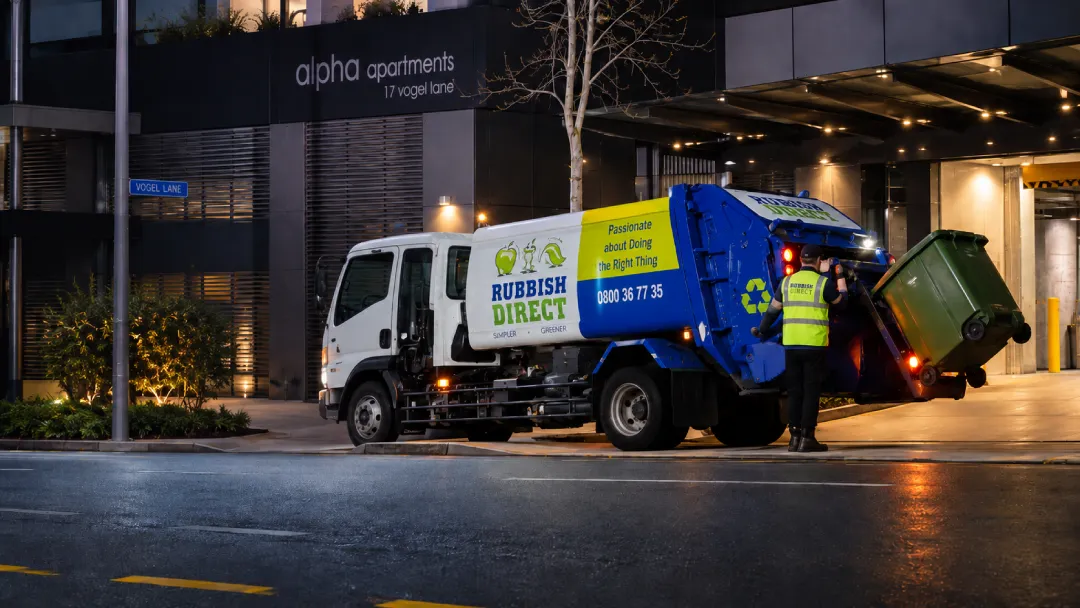 Nighttime Street Scene with a Blue yellow Rubbish Truck Loading a Green Bin Beside a Modern Apartment Building Labeled aposalpha Apartmentsapos and a Worker in a High visibility Vest Nearby to Guide the Load