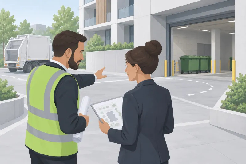 Two Professionals Review Site Plans Outside a Modern Building the Man in a Safety Vest Gesturing As the Woman Holds a Diagram