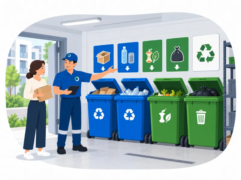 a Worker in Blue Uniform Explains Recycling to a Woman Beside Blue and Green Waste Bins with Labeled Icons Above