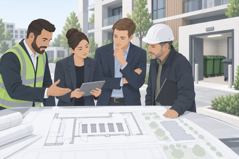 Team of Engineers and a Construction Worker Review Blueprints on a Table Outdoors at a Residential Site