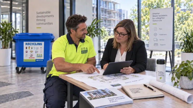Two Professionals Discuss Project Plans at a Table with a Tablet and Blueprints in a Bright Lobby Recycling Bin and Sustainability Posters in View
