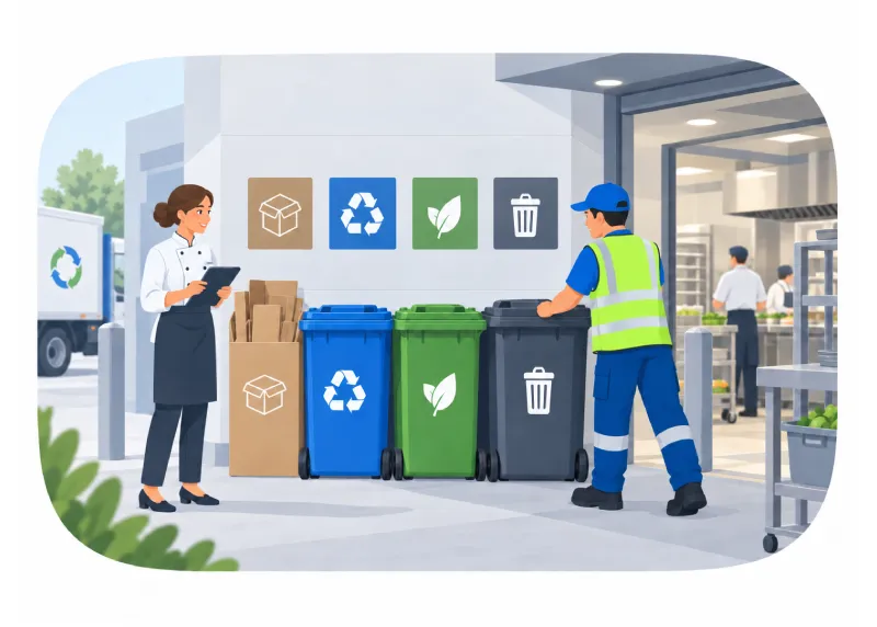 Worker in a High visibility Vest Sorts Waste into Colored Recycling Bins Outside a Building While a Woman Checks Items on a Clipboard