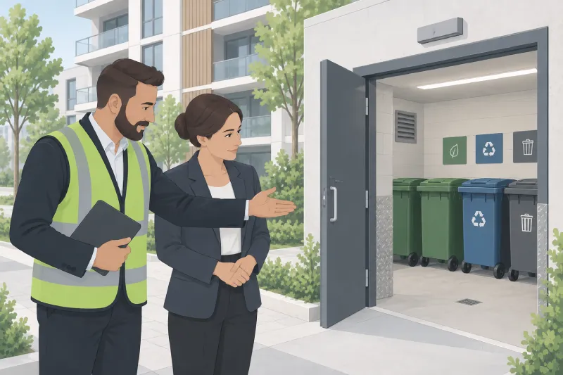 Two Professionals a Man in a High visibility Vest and a Woman in a Blazer Stand Outside a Modern Apartment Building Pointing Toward a Recycling and Trash Room with Green Blue and Gray Bins