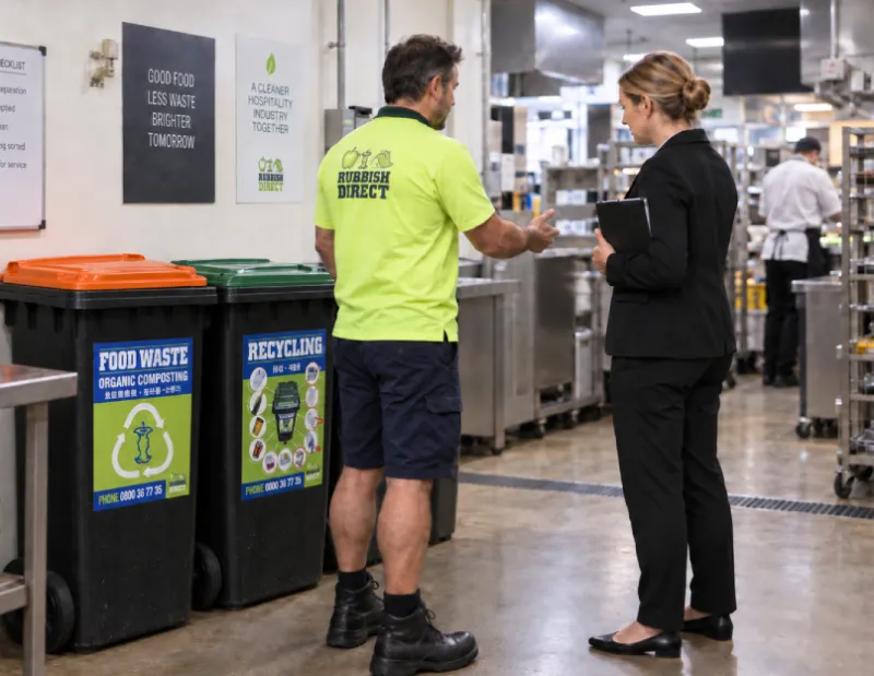 Worker in a Neon Shirt Talks to a Manager in a Black Suit Near Waste Bins in a Busy Kitchen Bins Labeled Food Waste Organic Composting and Recycling Are in the Foreground