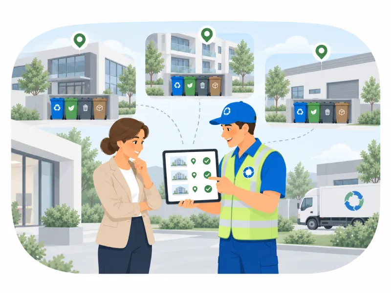 Recycler on a Blue Uniform Shows a Tablet with Locations to a Woman As Multiple Recycling Bins and Green Map Pins Appear in a Modern Neighborhood Behind Them