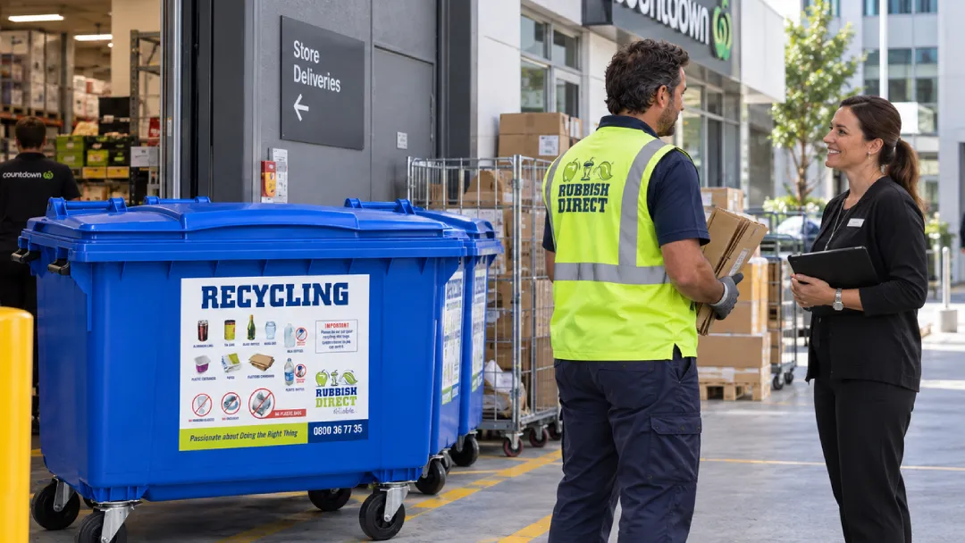 Delivery Worker in a Bright Vest Chats with a Woman Outside a Storefront Near a Large Blue Recycling Bin Labeled aposrecyclingapos
