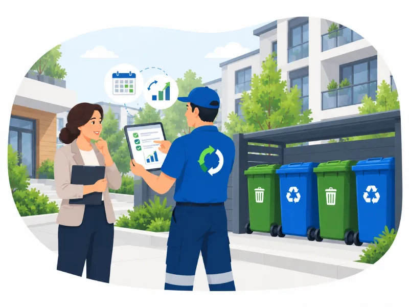 Maintenance Worker Shows a Tablet with Charts to a Resident As Recycling Bins Stand Nearby in a Residential Courtyard