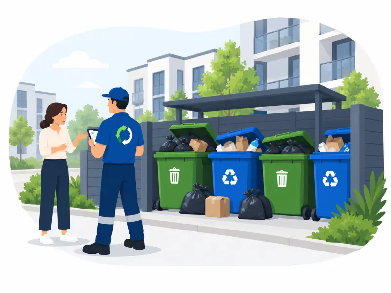 Sanitation Worker in Blue Uniform Talks with a Resident Beside Recycling Bins Outside an Apartment Building with Trash Bags and Boxes Nearby